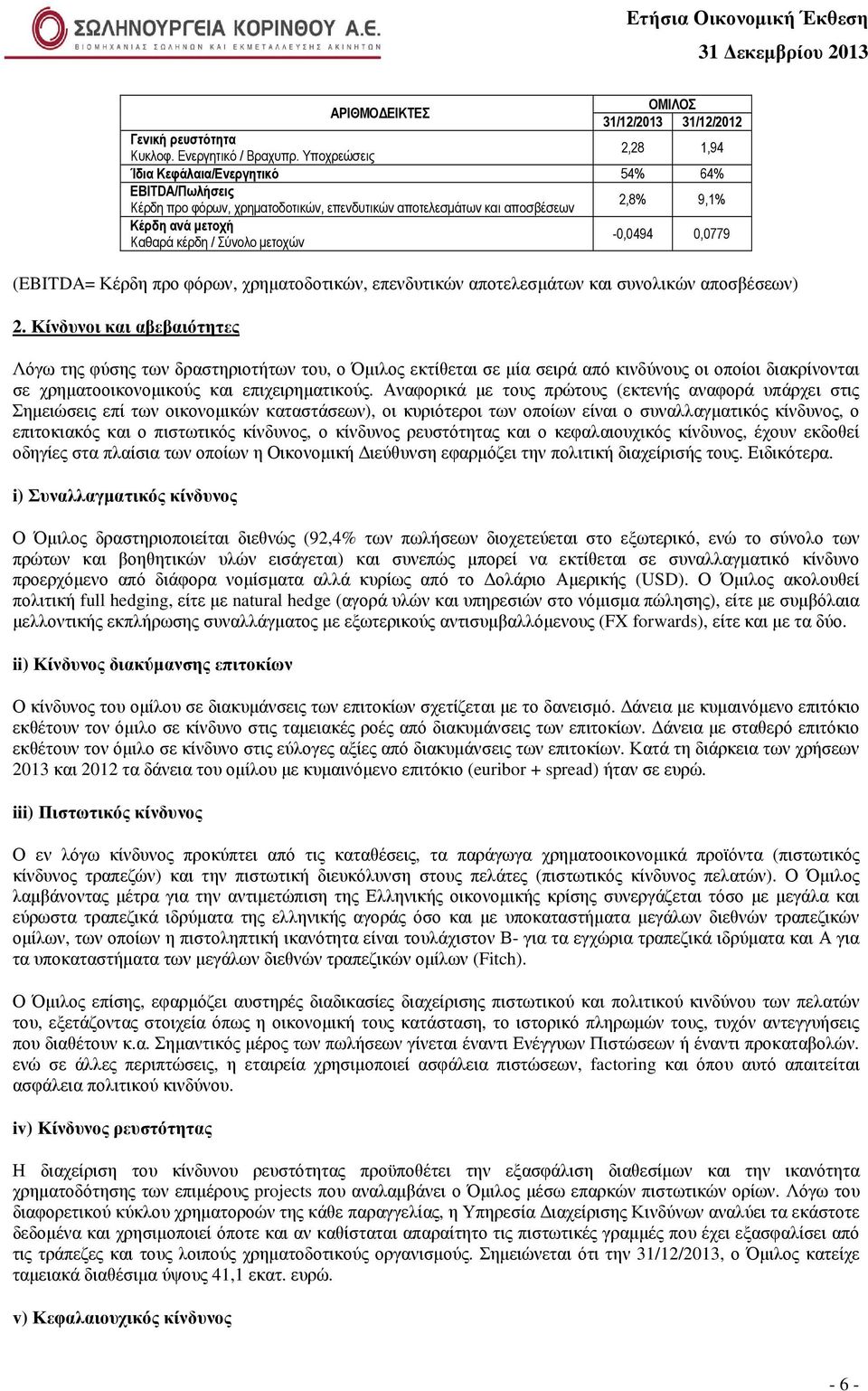 µετοχών -0,0494 0,0779 (EBITDA= Κέρδη προ φόρων, χρηµατοδοτικών, επενδυτικών αποτελεσµάτων και συνολικών αποσβέσεων) 2.