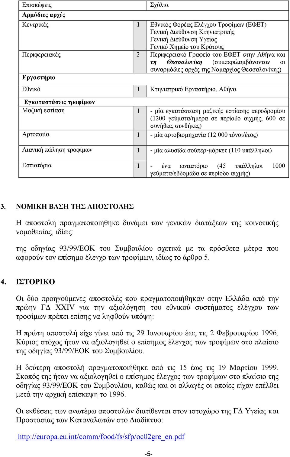 µία εγκατάσταση µαζικής εστίασης αεροδροµίου (1200 γεύµατα/ηµέρα σε περίοδο αιχµής, 600 σε συνήθεις συνθήκες) Αρτοποιία 1 - µία αρτοβιοµηχανία (12 000 τόνοι/έτος) Λιανική πώληση τροφίµων 1 - µία