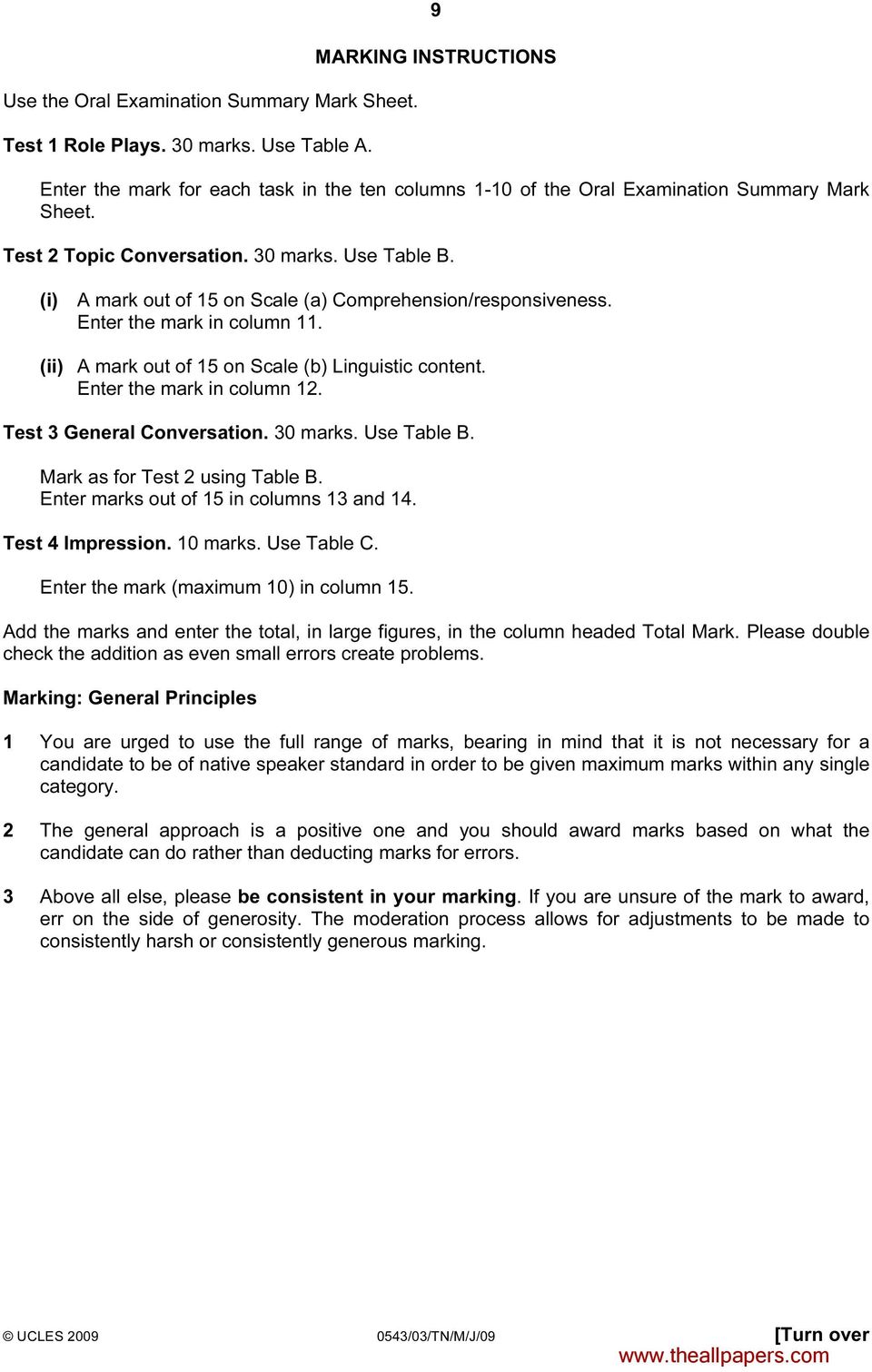 (i) A mark out of 15 on Scale (a) Comprehension/responsiveness. Enter the mark in column 11. (ii) A mark out of 15 on Scale (b) Linguistic content. Enter the mark in column 12.