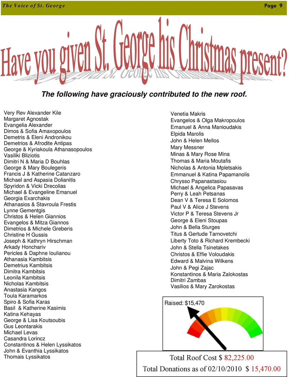 Dimitri N & Maria D Bouhlas George & Mary Boulegeris Francis J & Katherine Catanzaro Michael and Aspasia Dolianitis Spyridon & Vicki Drecolias Michael & Evangeline Emanuel Georgia Exarchakis
