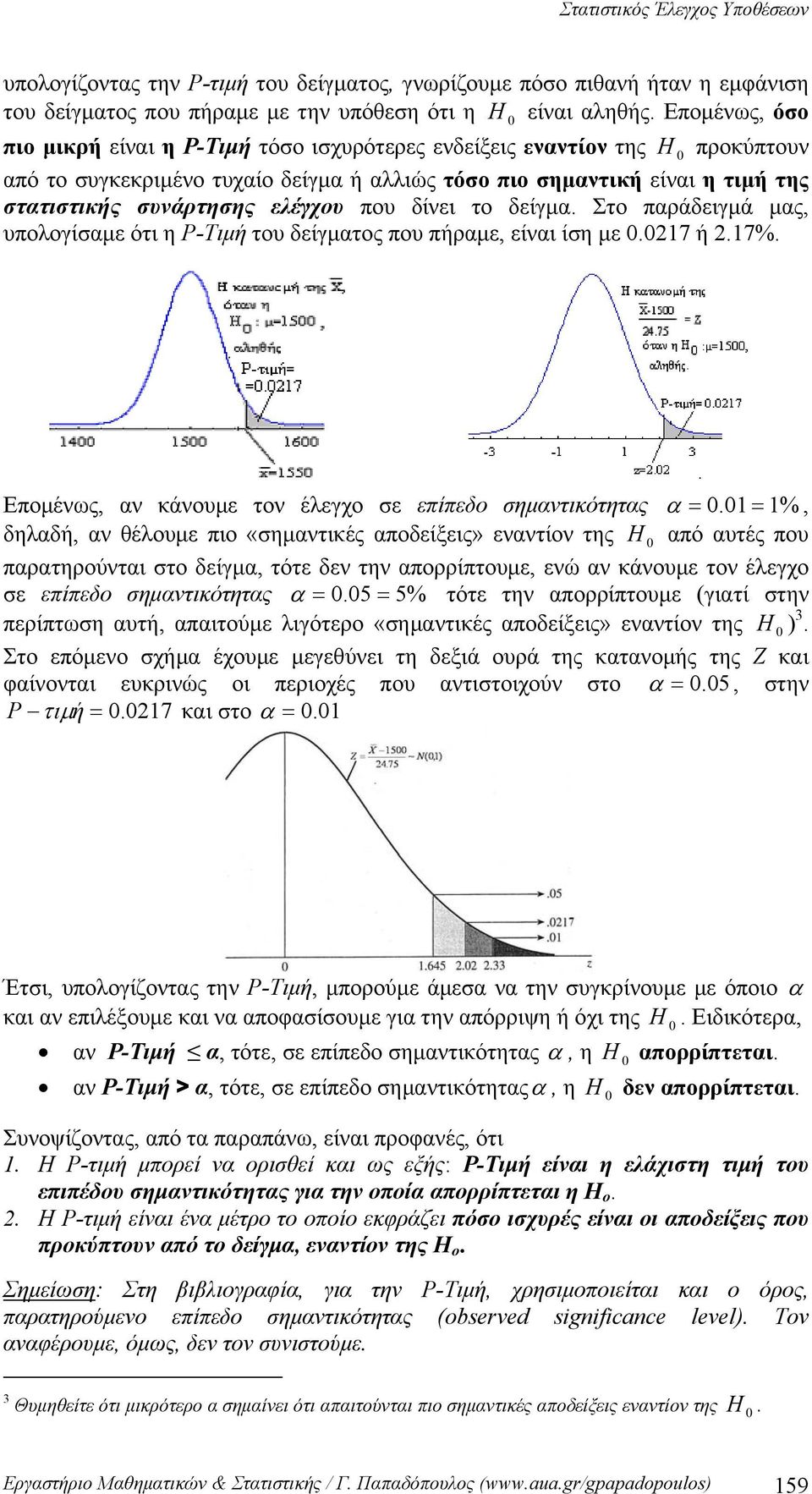 δίνει το δείγμα. Στο παράδειγμά μας, υπολογίαμε ότι η P-Τιμή του δείγματος που πήραμε, είναι ίη με.7 ή.7%. Eπομένως, αν κάνουμε τον έλεγχο ε επίπεδο ημαντικότητας α.