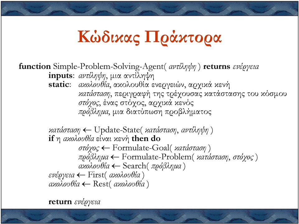 Update-State( ifη ακολουθίαείναι ρόβληµα, µια διατύπωση κατάσταση, αρχικά προβλήµατος κενός ρόβληµα Formulate-Problem( στόχος