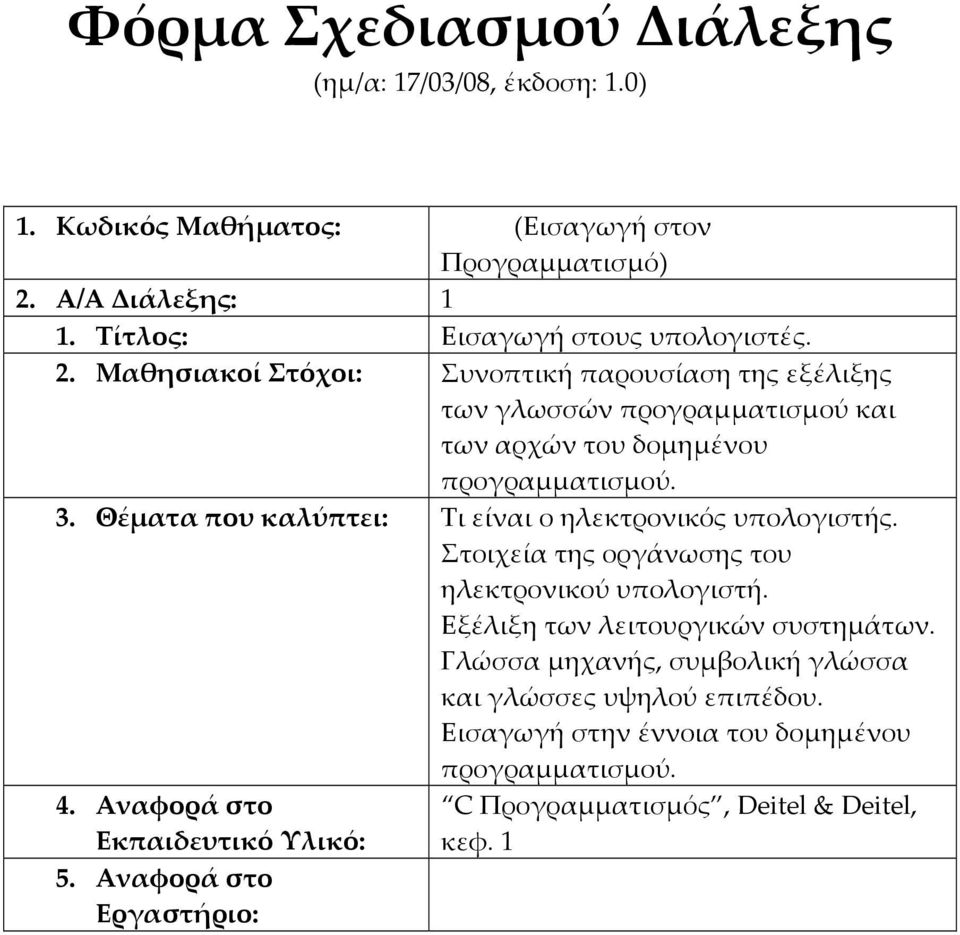Μαθησιακοί Στόχοι: Συνοπτική παρουσίαση της εξέλιξης των γλωσσών προγραμματισμού και των αρχών του δομημένου προγραμματισμού. 3.