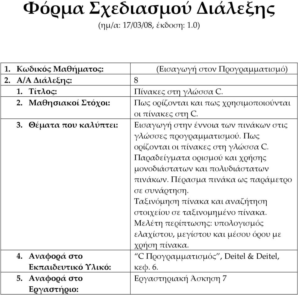 Παραδείγματα ορισμού και χρήσης μονοδιάστατων και πολυδιάστατων πινάκων. Πέρασμα πινάκα ως παράμετρο σε συνάρτηση.
