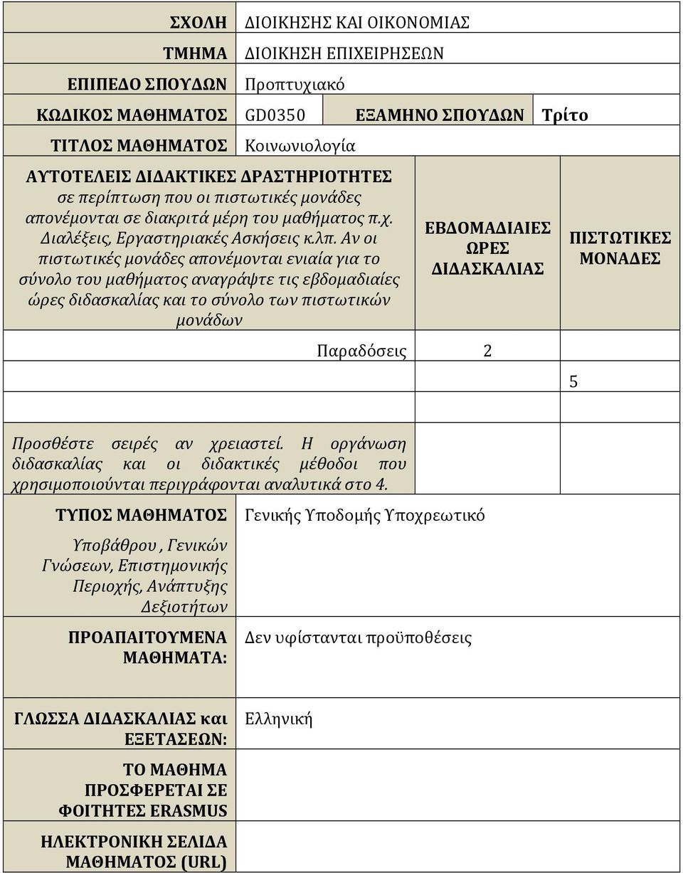 Αν οι πιστωτικές μονάδες απονέμονται ενιαία για το σύνολο του μαθήματος αναγράψτε τις εβδομαδιαίες ώρες διδασκαλίας και το σύνολο των πιστωτικών μονάδων ΕΞΑΜΗΝΟ ΣΠΟΥΔΩΝ Τρίτο ΕΒΔΟΜΑΔΙΑΙΕΣ ΩΡΕΣ