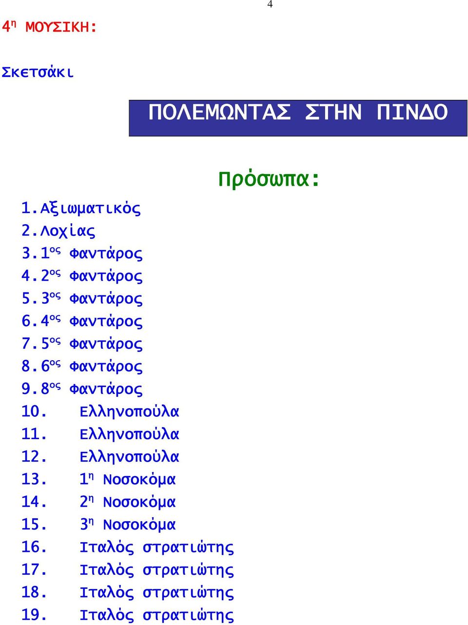 8 ος Φαντάρος 10. Ελληνοπούλα 11. Ελληνοπούλα 12. Ελληνοπούλα 13. 1 η Νοσοκόμα 14.