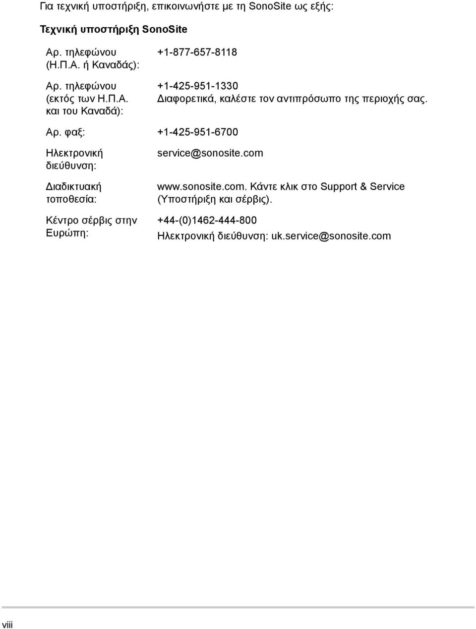 Αρ. φαξ: +1-425-951-6700 Ηλεκτρονική διεύθυνση: Διαδικτυακή τοποθεσία: Κέντρο σέρβις στην Ευρώπη: service@sonosite.com 