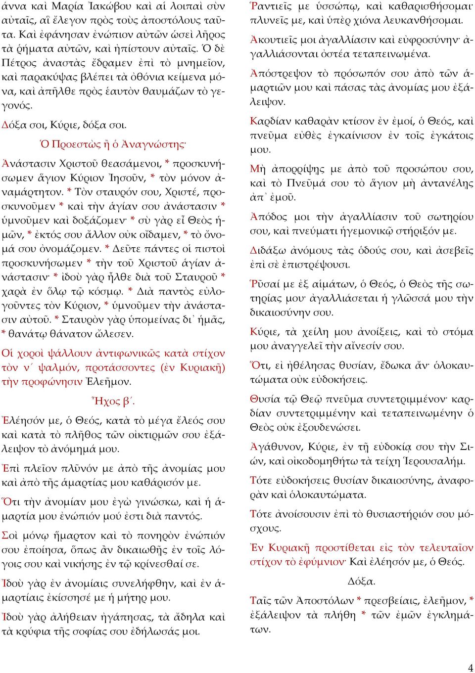 Ὁ Προεστὼς ἢ ὁ Ἀναγνώστης Ἀνάστασιν Χριστοῦ θεασάμενοι, * προσκυνήσωμεν ἅγιον Κύριον Ἰησοῦν, * τὸν μόνον ἀ- ναμάρτητον.