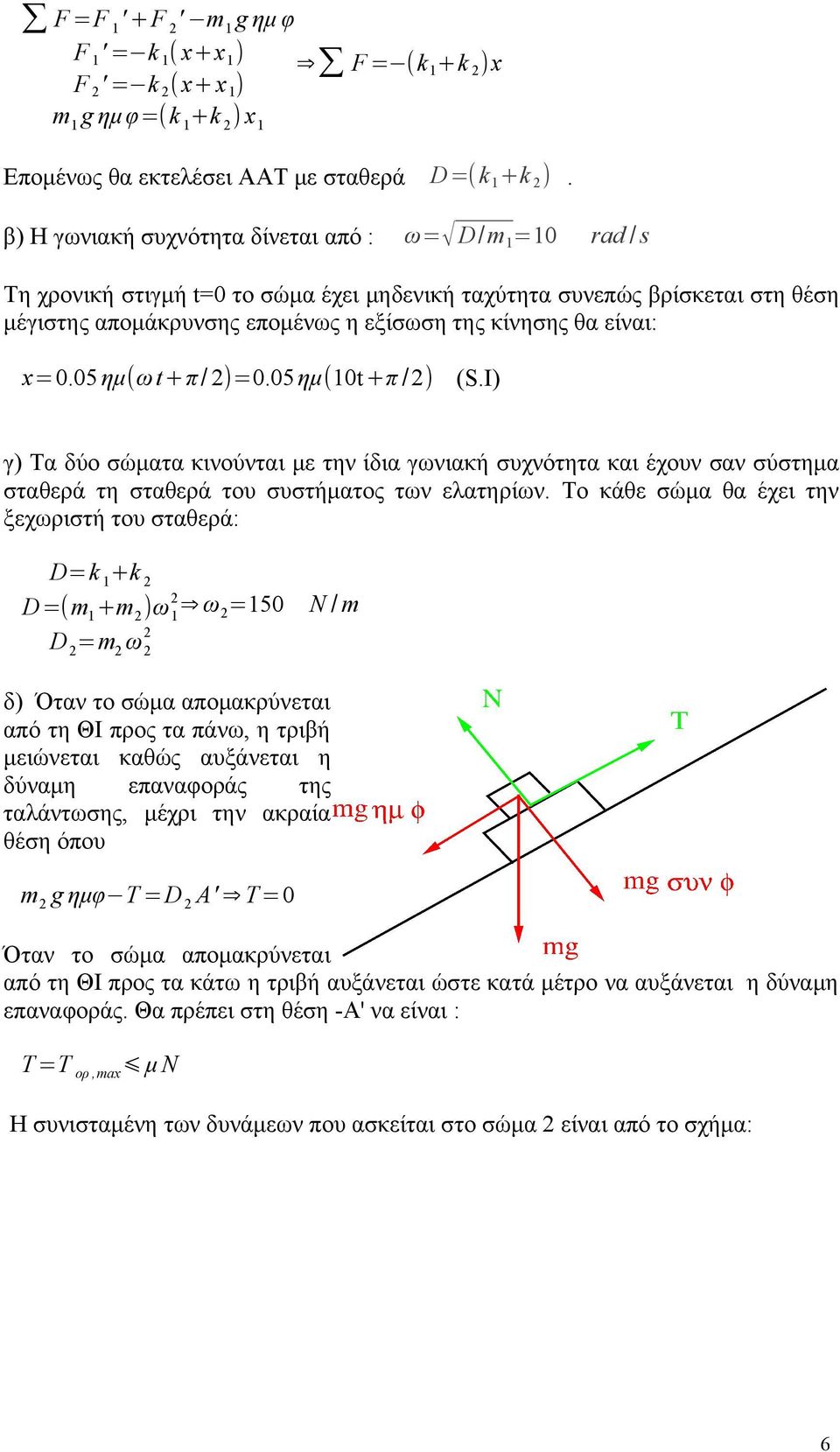είναι: x=0.05 ημ(ω t+π/ )=0.05 ημ(10t+π /) (S.I) γ) Τα δύο σώματα κινούνται με την ίδια γωνιακή συχνότητα και έχουν σαν σύστημα σταθερά τη σταθερά του συστήματος των εατηρίων.