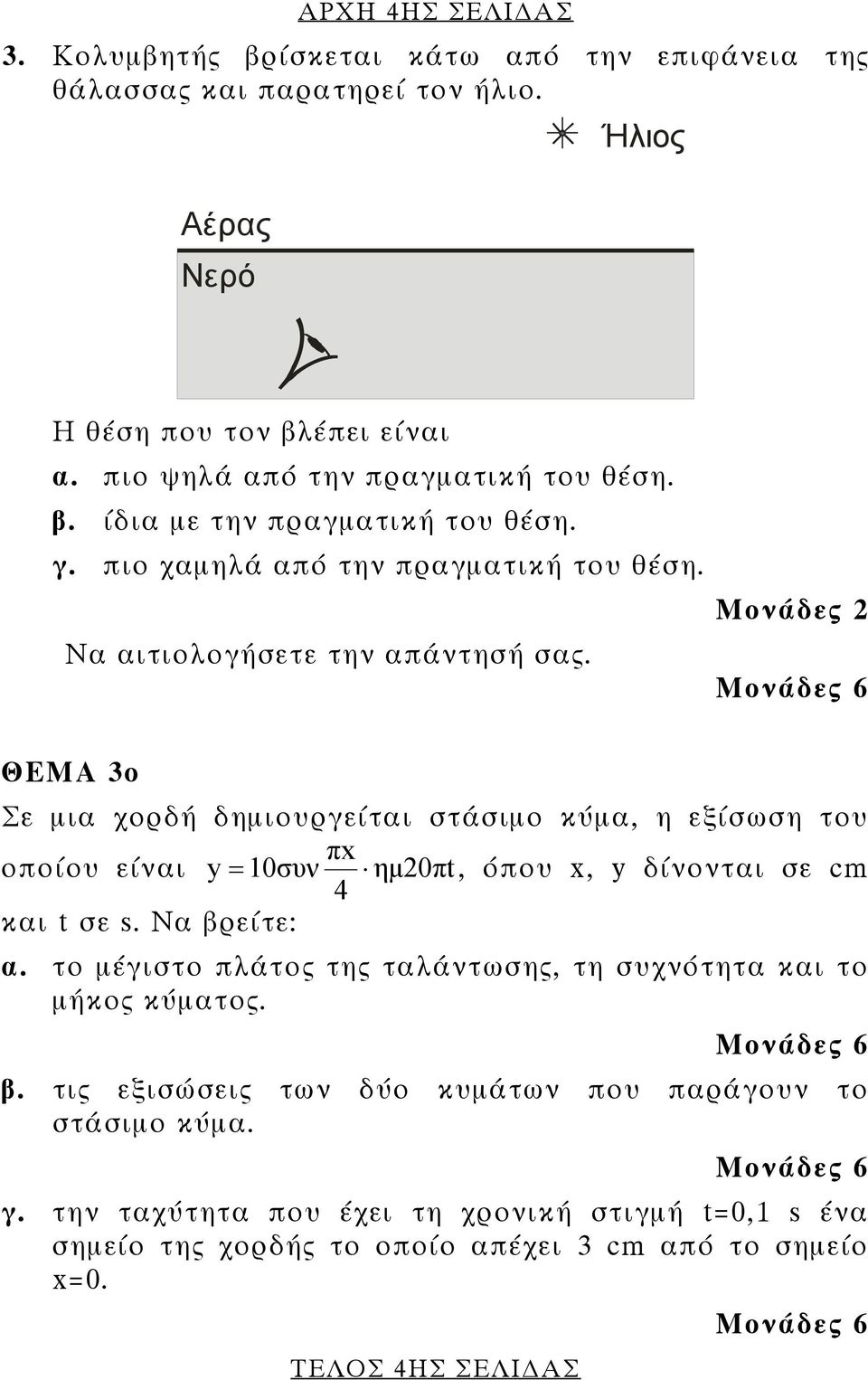 Μονάδες ΘΕΜΑ 3ο Σε μια χορδή δημιουργείται στάσιμο κύμα, η εξίσωση του πx οποίου είναι y = 10συν ημ0πt, όπου x, y δίνονται σε cm 4 και t σε s. Να βρείτε: α.