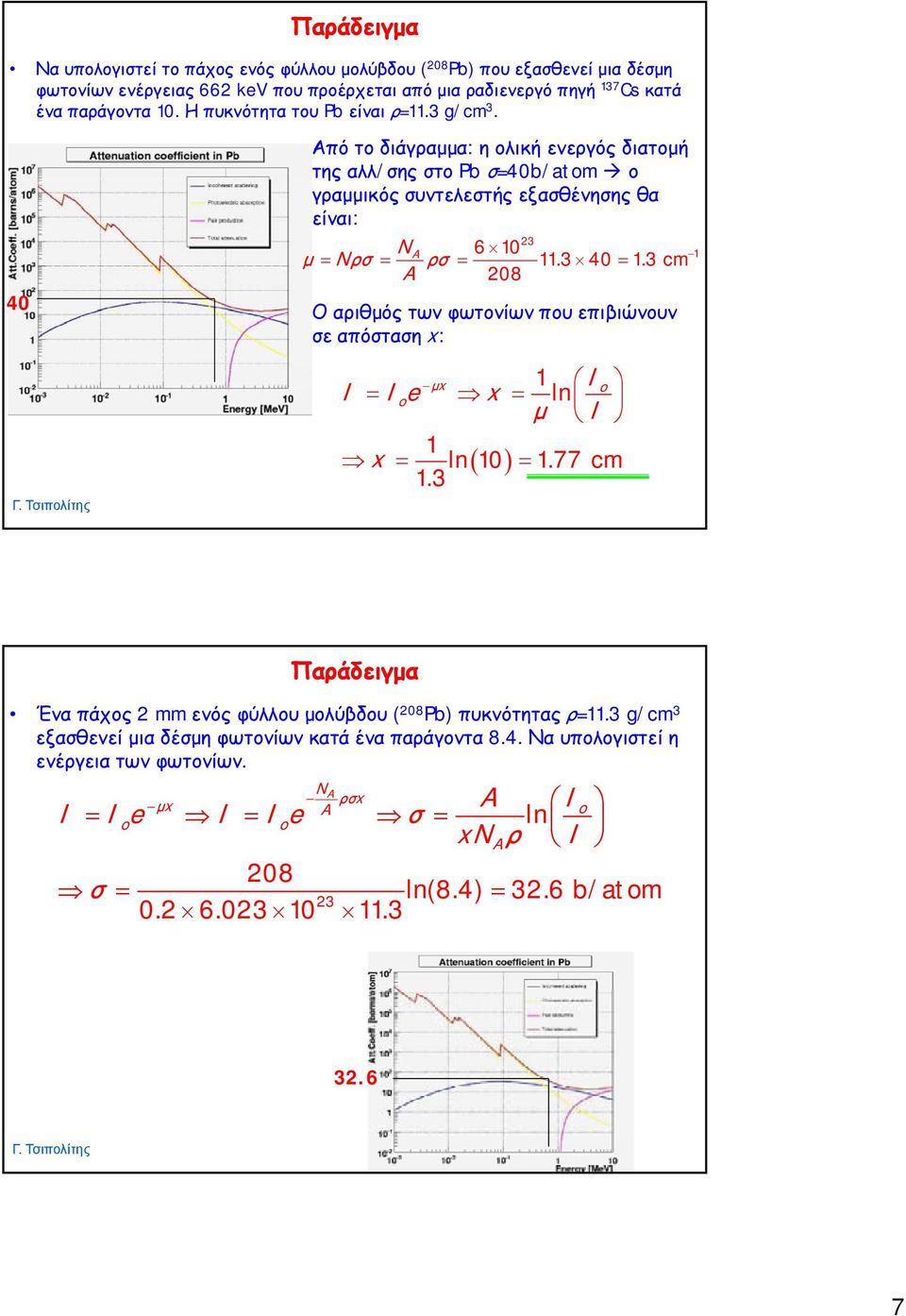 3 cm 1 μ = Nρσ = ρσ = = A 08 Ο αριθμός των φωτονίων που επιβιώνουν σε απόσταση x: μx 1 I ln o I = Io x = μ I 1 x = ln ( 10 ) = 1.77 cm 1.