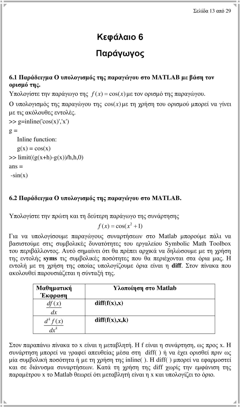 Παράδειγµα Ο υπολογισµός της παραγώγου στο ΜATLAB.