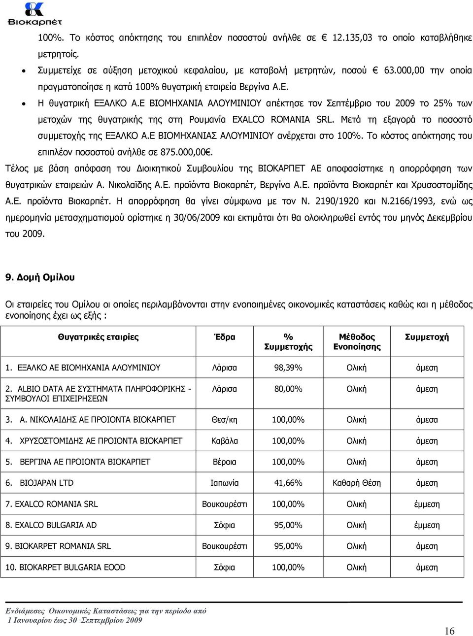 Ε ΒΙΟΜΗΧΑΝΙΑ ΑΛΟΥΜΙΝΙΟΥ απέκτησε τον Σεπτέµβριο του 2009 το 25% των µετοχών της θυγατρικής της στη Ρουµανία EXALCO ROMANIA SRL. Μετά τη εξαγορά το ποσοστό συµµετοχής της ΕΞΑΛΚΟ Α.