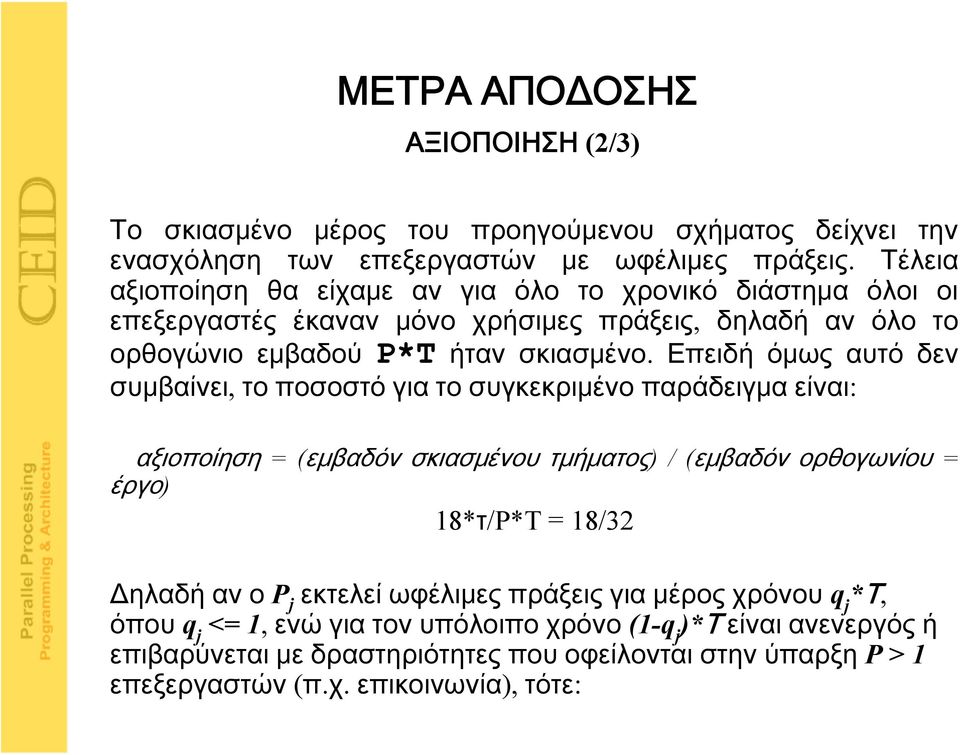 Επειδή όμως αυτό δεν συμβαίνει, το ποσοστό για το συγκεκριμένο παράδειγμα είναι: αξιοποίηση = (εμβαδόν σκιασμένου τμήματος) / (εμβαδόν ορθογωνίου = έργο) 18*τ/P*T = 18/32