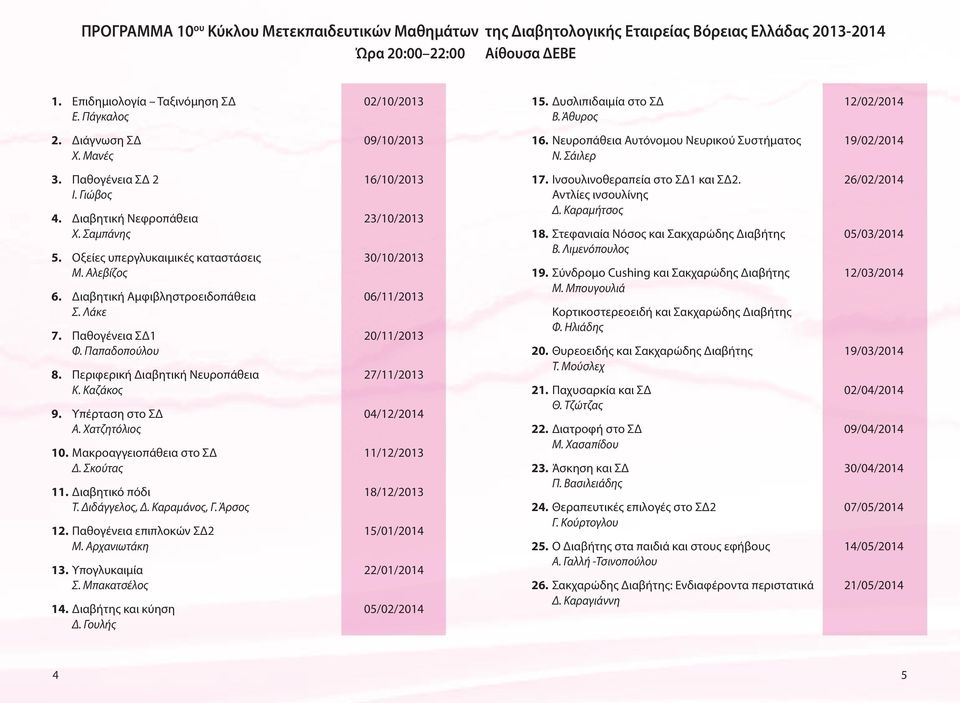 Διαβητική Αμφιβληστροειδοπάθεια 06/11/2013 Σ. Λάκε 7. Παθογένεια ΣΔ1 20/11/2013 Φ. Παπαδοπούλου 8. Περιφερική Διαβητική Νευροπάθεια 27/11/2013 Κ. Καζάκος 9. Υπέρταση στο ΣΔ 04/12/2014 Α.