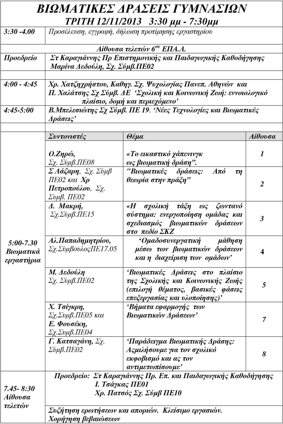 Ε Σχολική και Κοινωνική Ζωή: εννοιολογικό πλαίσιο, δοµή και περιεχόµενο 4:45-5:00 Β.Μπελεσιώτης Σχ Σύµβ. ΠΕ 19. Νέες Τεχνολογίες και Βιωµατικές ράσεις Συντονιστές Θέµα Αίθουσα 5:00-7.