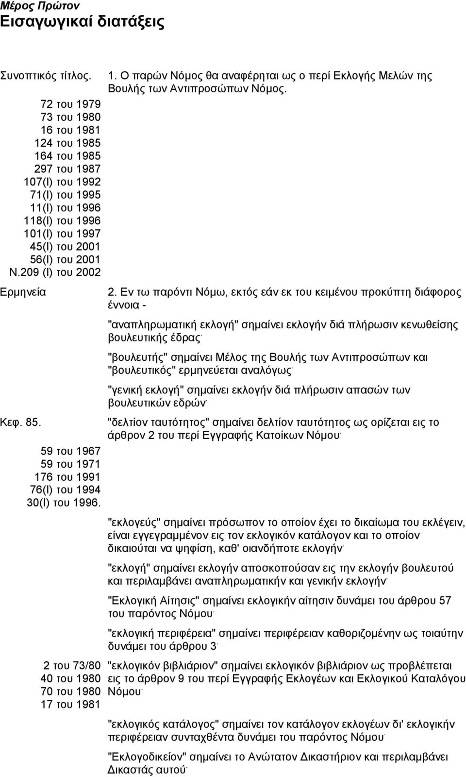 209 (Ι) του 2002 Ερμηνεία Κεφ. 85. 59 του 1967 59 του 1971 176 του 1991 76(Ι) του 1994 30(Ι) του 1996. 2 του 73/80 40 του 1980 70 του 1980 17 του 1981 1.
