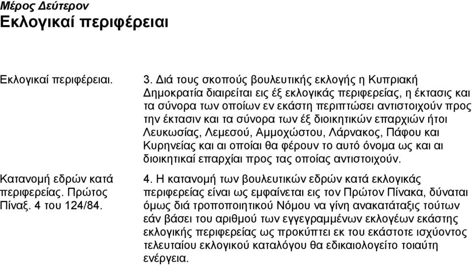 των έξ διοικητικών επαρχιών ήτοι Λευκωσίας, Λεμεσού, Aμμοχώστου, Λάρνακος, Πάφου και Kυρηνείας και αι οποίαι θα φέρουν το αυτό όνομα ως και αι διοικητικαί επαρχίαι προς τας οποίας αντιστοιχούν. 4.