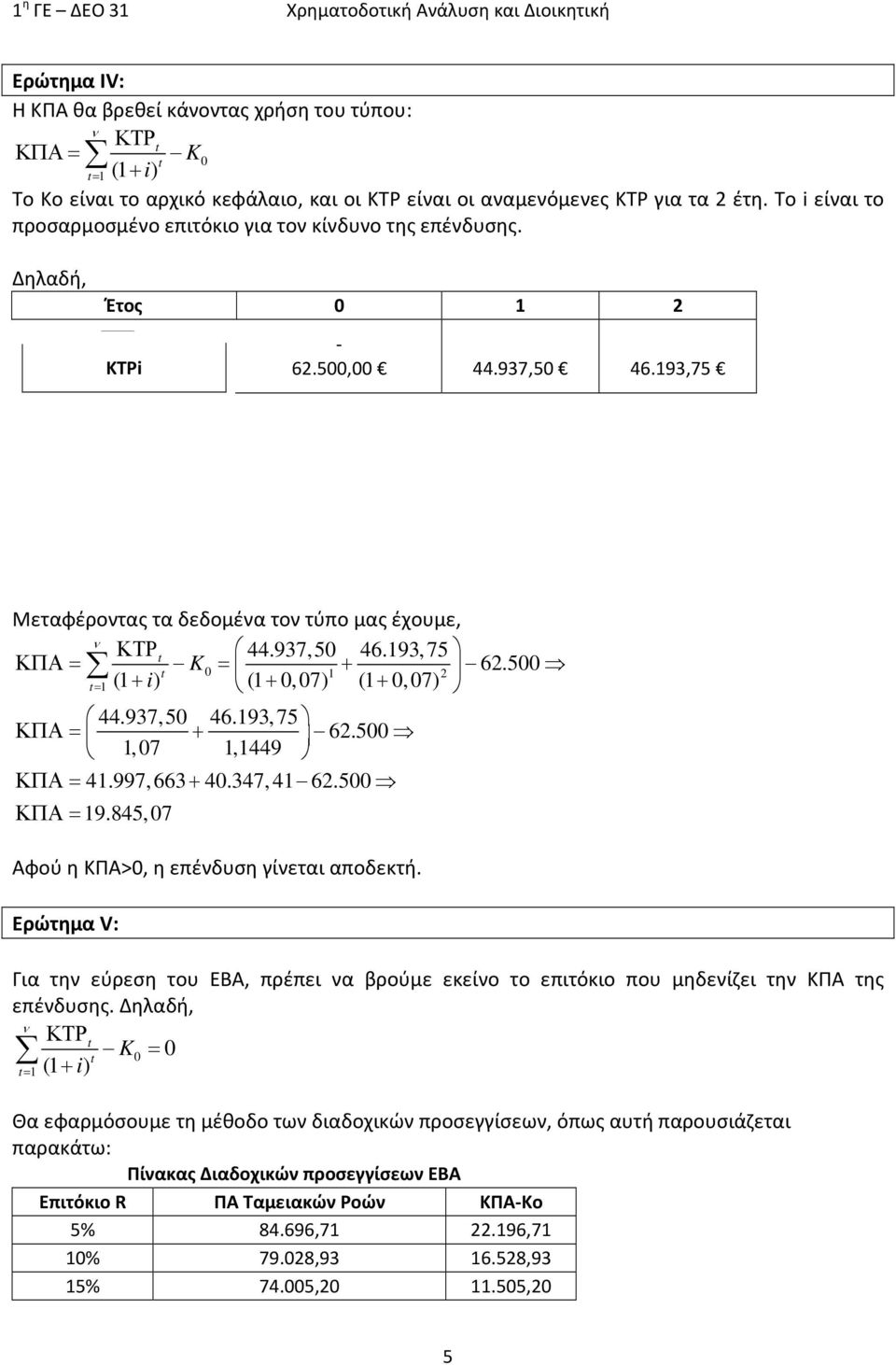 500 t + 2 ( + i) (+ 0, 07) (+ 0, 07) 44.937,50 46.93, 75 ΚΠΑ = + 62.500, 07,449 ΚΠΑ = 4.997, 663 + 40.347, 4 62.500 ΚΠΑ= 9.845, 07 Αφού η ΚΠΑ>0, η επέδυση γίεται αποδεκτή.