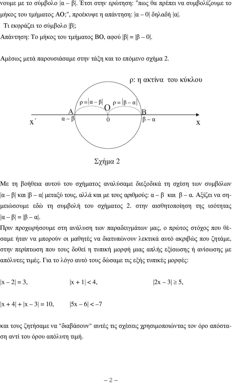 ρ: η ακτίνα του κύκλου x Α ρ = α β Ο ρ = β α Β α β 0 β α x Σχήµα Με τη βοήθεια αυτού του σχήµατος αναλύσαµε διεξοδικά τη σχέση των συµβόλων α β και β α µεταξύ τους, αλλά και µε τους αριθµούς: α β και