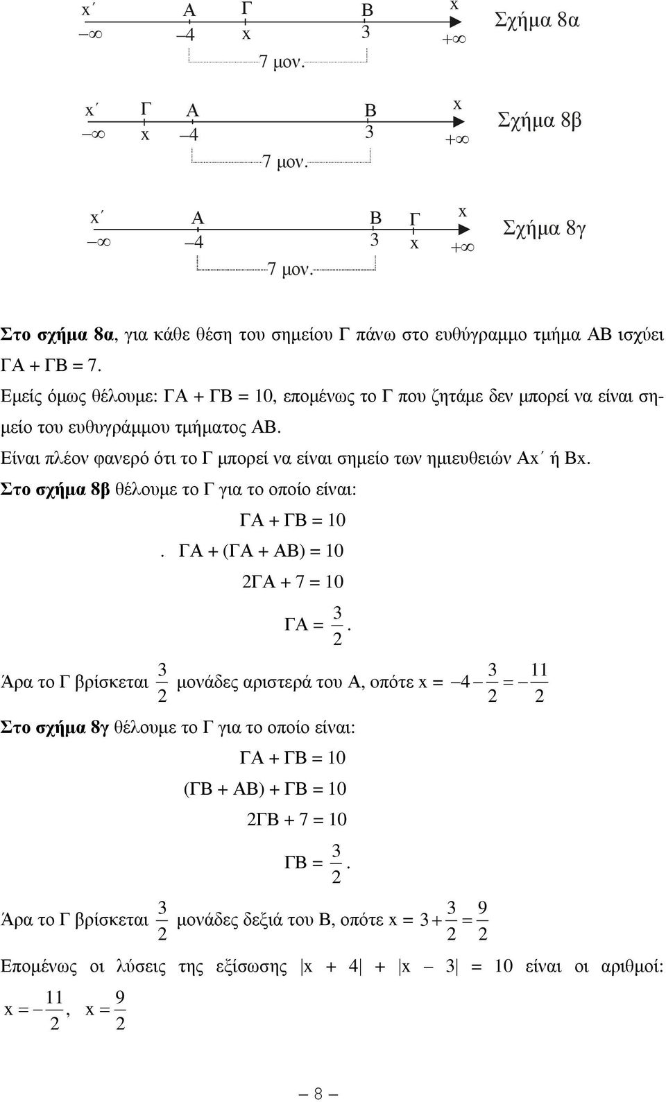 Στο σχήµα 8β θέλουµε το Γ για το οποίο είναι: ΓΑ + ΓΒ = 10. ΓΑ + (ΓΑ + ΑΒ) = 10 ΓΑ + 7 = 10 ΓΑ = 3.