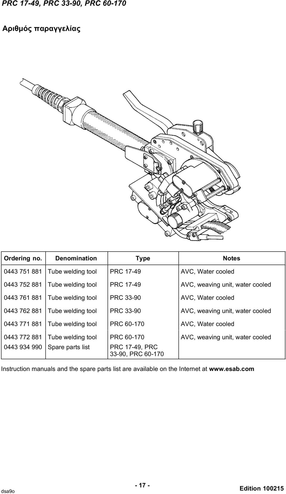 Tube welding tool PRC 33-90 AVC, Water cooled 0443 762 881 Tube welding tool PRC 33-90 AVC, weaving unit, water cooled 0443 771 881 Tube welding tool PRC 60-170 AVC, Water
