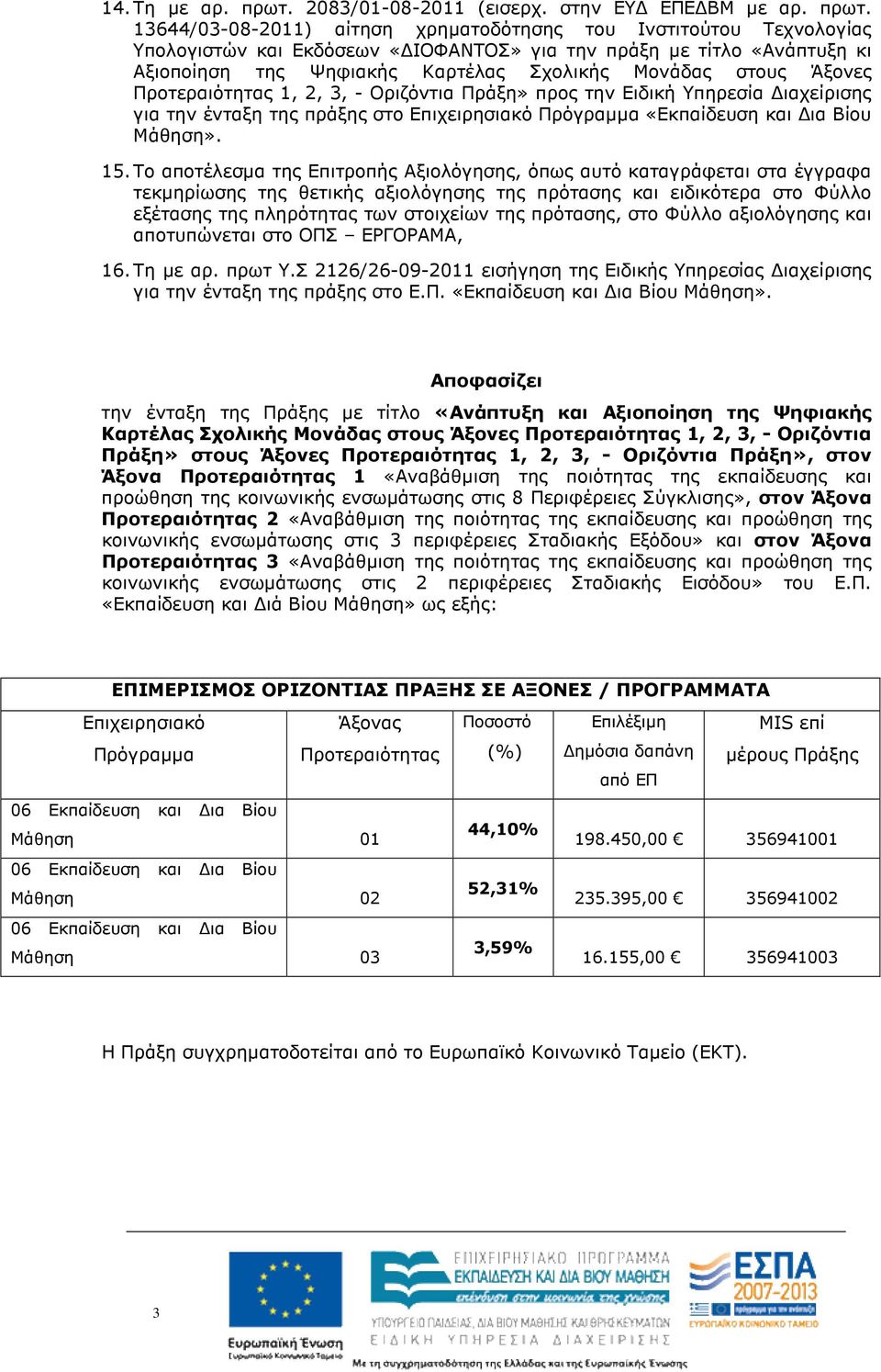 13644/03-08-2011) αίτηση χρηµατοδότησης του Ινστιτούτου Τεχνολογίας Υπολογιστών και Εκδόσεων «ΙΟΦΑΝΤΟΣ» για την πράξη µε τίτλο «Ανάπτυξη κι Αξιοποίηση της Ψηφιακής Καρτέλας Σχολικής Μονάδας στους