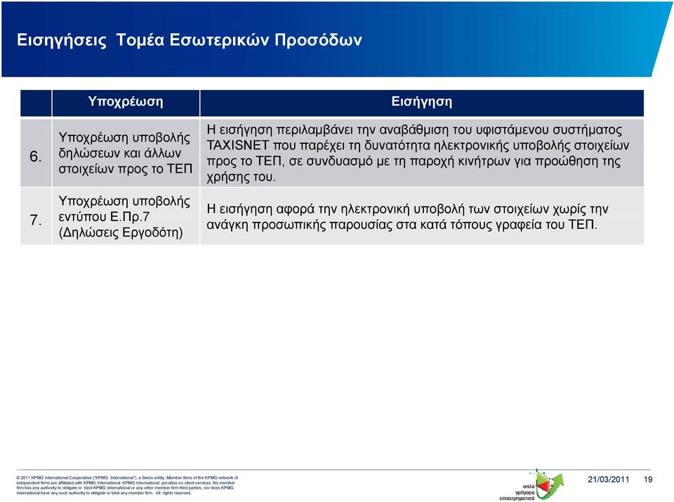 7 7 ( ηλώσεις Εργοδότη) Εισήγηση Η εισήγηση περιλαμβάνει την αναβάθμιση του υφιστάμενου συστήματος TAXISNET που παρέχει τη
