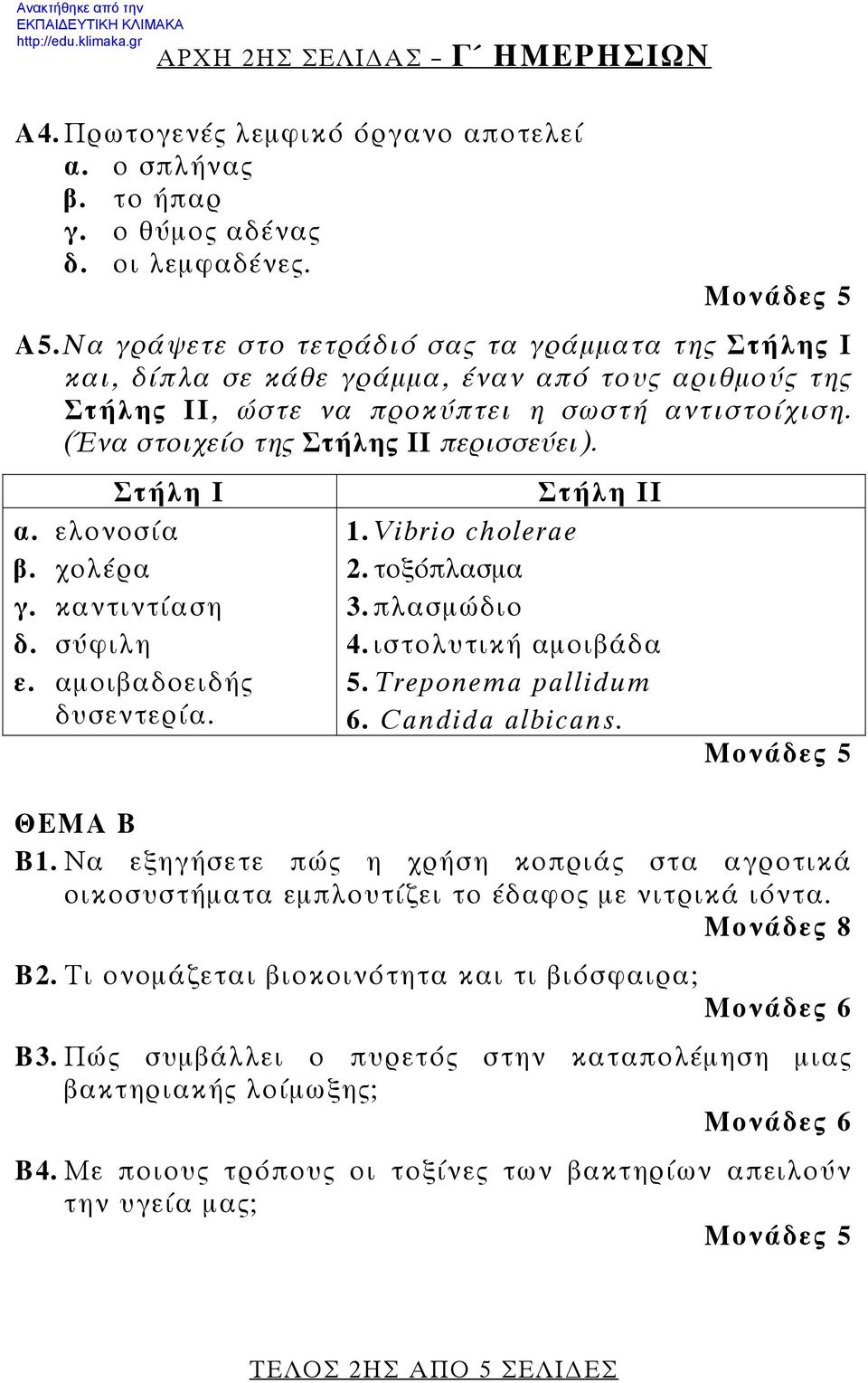 Στήλη Ι α. ελονοσία β. χολέρα γ. καντιντίαση δ. σύφιλη ε. αμοιβαδοειδής δυσεντερία. Στήλη ΙΙ 1.Vibrio cholerae 2. τοξόπλασμα 3. πλασμώδιο 4. ιστολυτική αμοιβάδα 5. Treponema pallidum 6.