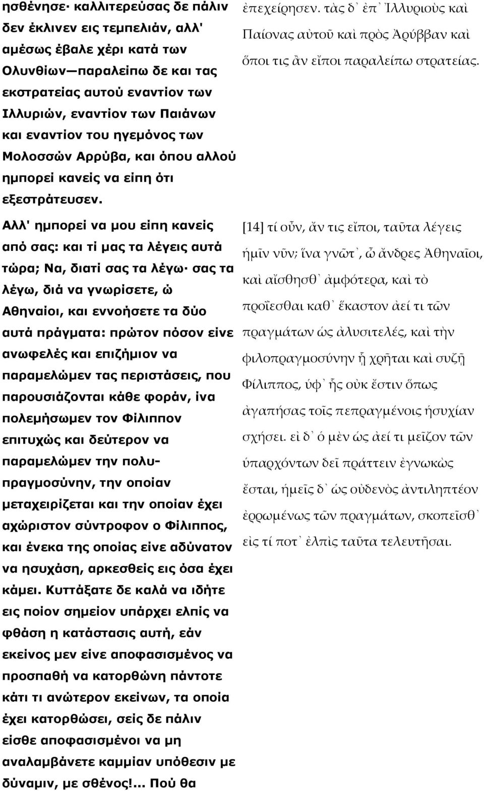 Αλλ' ηµπορεί να µου είπη κανείς [14] τί οὖν, ἄν τις εἴποι, ταῦτα λέγεις από σας: και τί µας τα λέγεις αυτά ἡµῖν νῦν; ἵνα γνῶτ, ὦ ἄνδρες Ἀθηναῖοι, τώρα; Να, διατί σας τα λέγω σας τα καὶ αἴσθησθ