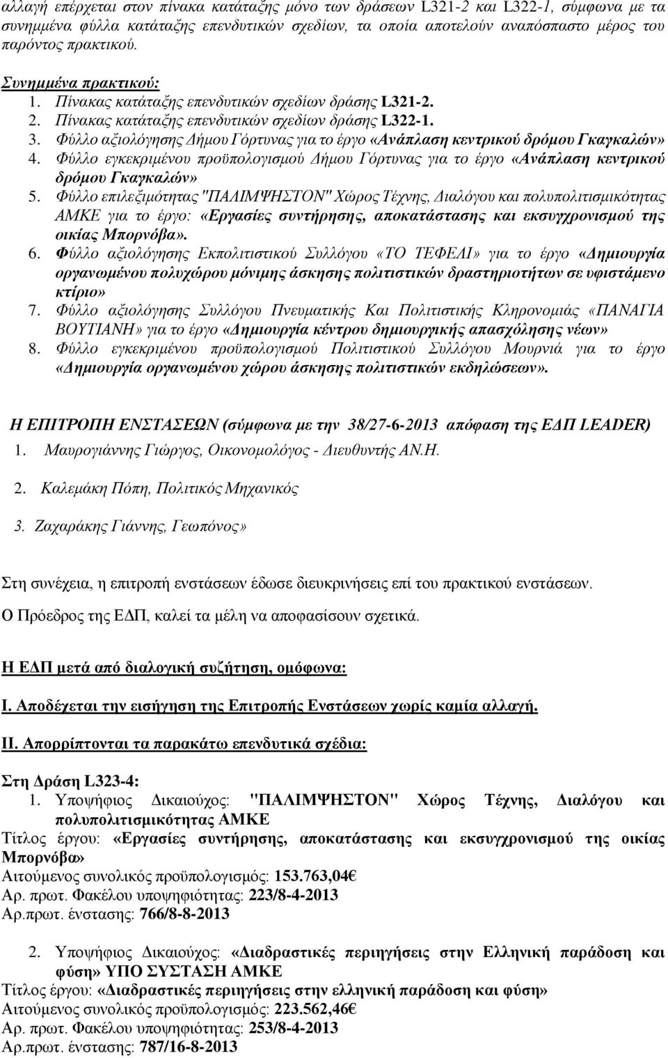 Φύλλο αξιολόγησης Δήμου Γόρτυνας για το έργο «Ανάπλαση κεντρικού δρόμου Γκαγκαλών» 4. Φύλλο εγκεκριμένου προϋπολογισμού Δήμου Γόρτυνας για το έργο «Ανάπλαση κεντρικού δρόμου Γκαγκαλών» 5.