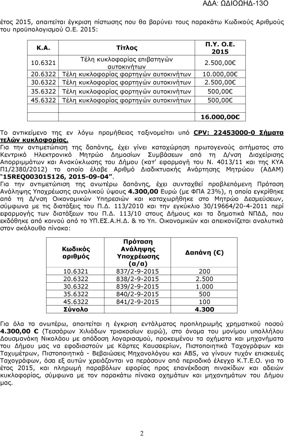 6322 Τέλη κυκλοφορίας φορτηγών αυτοκινήτων 500,00 16.000,00 Το αντικείµενο της εν λόγω προµήθειας ταξινοµείται υπό CPV: 22453000-0 Σήµατα τελών κυκλοφορίας.