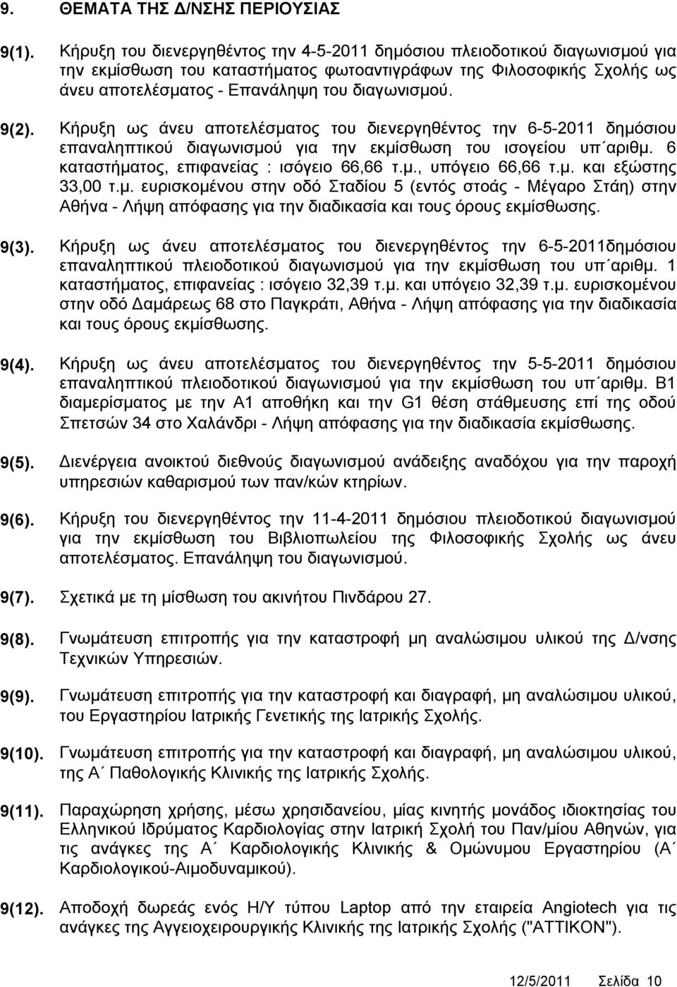 9(2). Κήρυξη ως άνευ αποτελέσματος του διενεργηθέντος την 6-5-2011 δημόσιου επαναληπτικού διαγωνισμού για την εκμίσθωση του ισογείου υπ αριθμ. 6 καταστήματος, επιφανείας : ισόγειο 66,66 τ.μ., υπόγειο 66,66 τ.