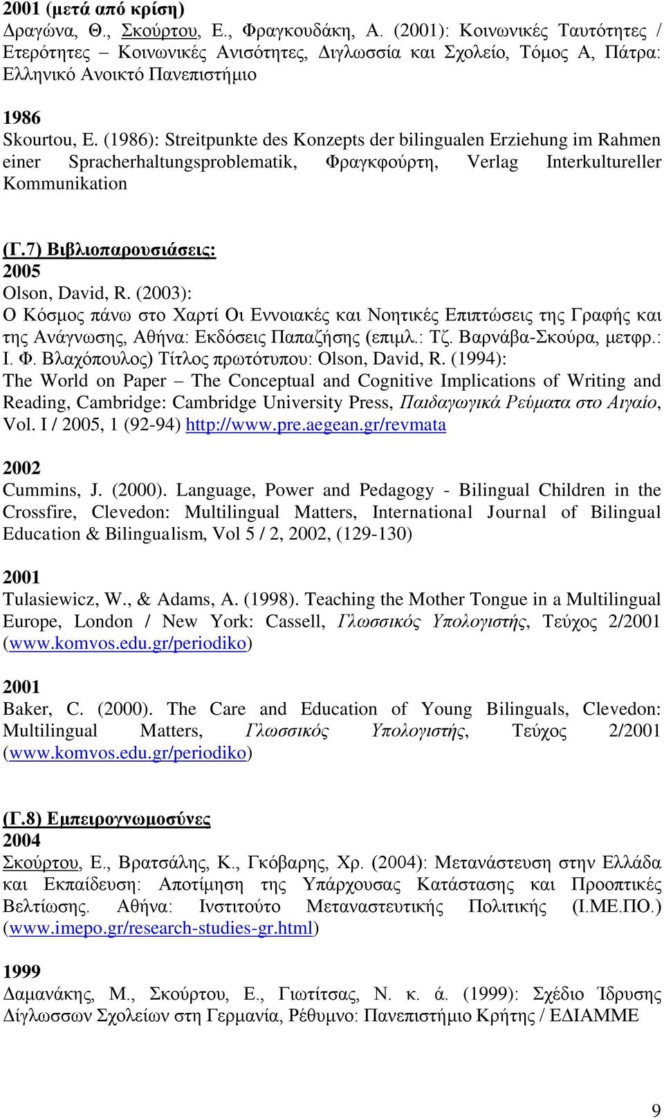 (1986): Streitpunkte des Konzepts der bilingualen Erziehung im Rahmen einer Spracherhaltungsproblematik, Φξαγθθνύξηε, Verlag Interkultureller Kommunikation (Γ.