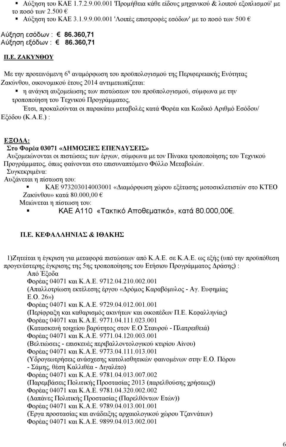 ΖΑΚΥΝΘΟΥ Mε την προτεινόμενη 6 η αναμόρφωση του προϋπολογισμού της Περιφερειακής Ενότητας Ζακύνθου, οικονομικού έτους 2014 αντιμετωπίζεται: η ανάγκη αυξομείωσης των πιστώσεων του προϋπολογισμού,