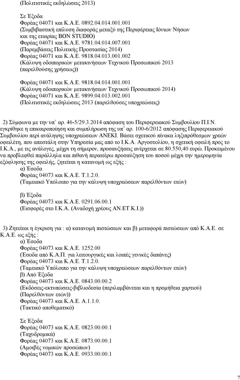 Α.Ε. 9899.04.013.002.001 (Πολιτιστικές εκδηλώσεις 2013 (παρελθούσες υποχρεώσεις) 2) Σύμφωνα με την υπ αρ. 46-5/29.3.2014 απόφαση του Περιφερειακού Συμβουλίου Π.Ι.Ν.