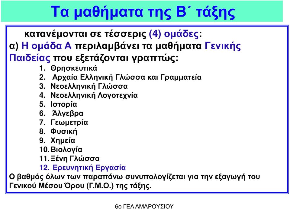 Νεοελληνική Λογοτεχνία 5. Ιστορία 6. Άλγεβρα 7. Γεωµετρία 8. Φυσική 9. Χηµεία 10.Βιολογία 11. Ξένη Γλώσσα 12.