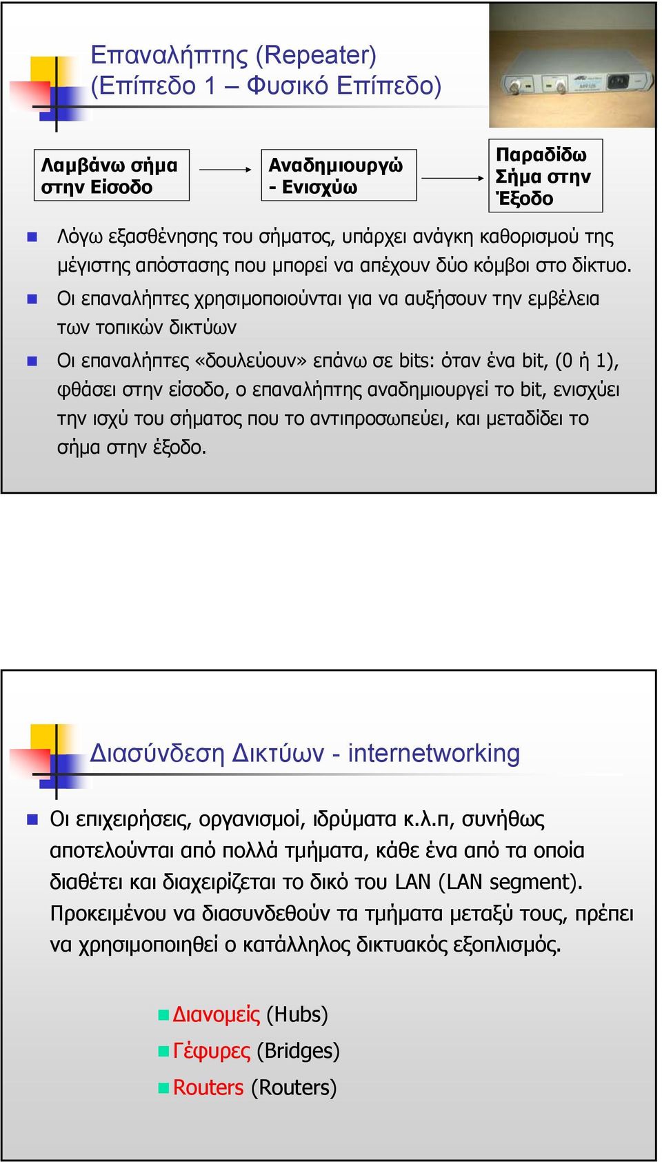 Οι επαναλήπτες χρησιµοποιούνται για να αυξήσουν την εµβέλεια των τοπικών δικτύων Οι επαναλήπτες «δουλεύουν» επάνω σε bits: όταν ένα bit, (0 ή 1), φθάσει στην είσοδο, ο επαναλήπτης αναδηµιουργεί το