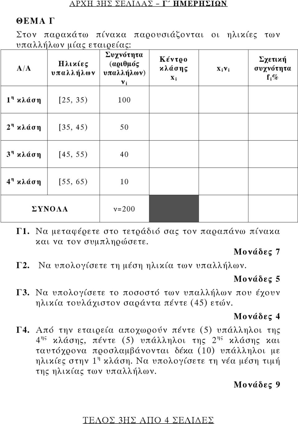 Ν υπολογίσετε τη μέση ηλικί των υπλλήλων. Μονάδες 5 Γ3. Ν υπολογίσετε το ποσοστό των υπλλήλων που έχουν ηλικί τουλάχιστον σράντ πέντε (45) ετών. Μονάδες 4 Γ4.