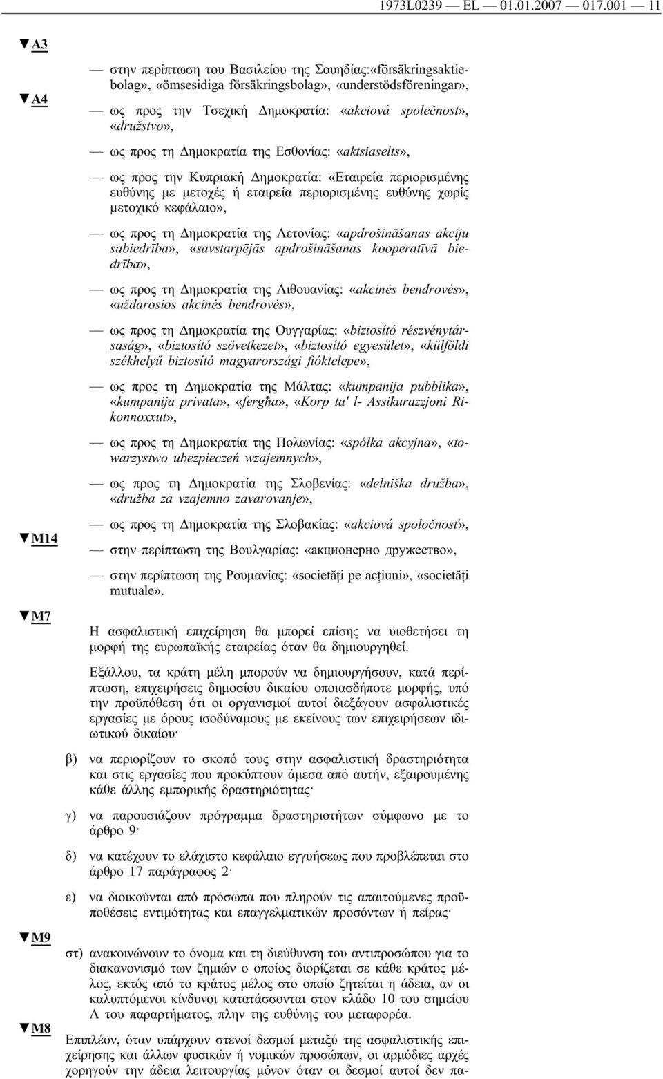 společnost», «družstvo», ως προς τη Δημοκρατία της Εσθονίας: «aktsiaselts», ως προς την Κυπριακή Δημοκρατία: «Εταιρεία περιορισμένης ευθύνης με μετοχές ή εταιρεία περιορισμένης ευθύνης χωρίς μετοχικό