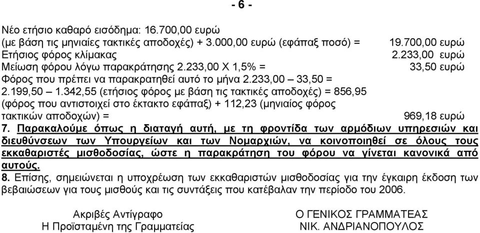 342,55 (ετήσιος φόρος µε βάση τις τακτικές αποδοχές) = 856,95 (φόρος που αντιστοιχεί στο έκτακτο εφάπαξ) + 112,23 (µηνιαίος φόρος τακτικών αποδοχών) = 969,18 ευρώ 7.