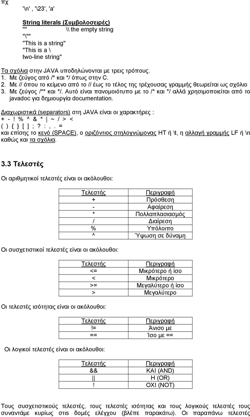 Αυτό είναι πανομοιότυπο με το /* και */ αλλά χρησιμοποιείται από το javadoc για δημιουργία documentation. Διαχωριστικά (separators) στη JAVA είναι οι χαρακτήρες : + -! % ^ & * ~ / > < ( ) { [ ] ;? :,.