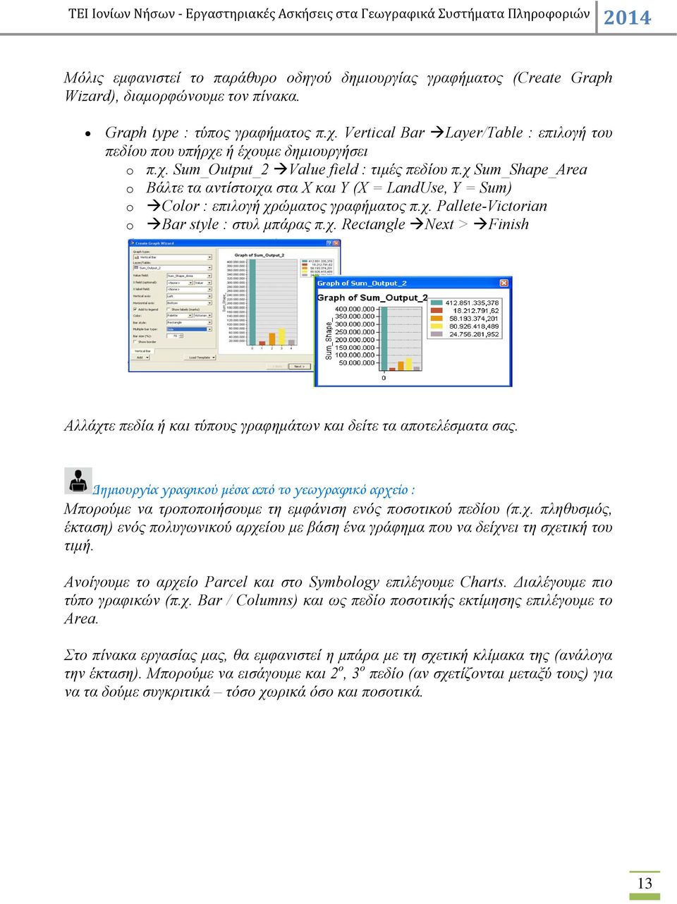 χ Sum_Shape_Area o Βάλτε τα αντίστοιχα στα Χ και Υ (Χ = LandUse, Y = Sum) o Color : επιλογή χρώματος γραφήματος π.χ. Pallete-Victorian o Bar style : στυλ μπάρας π.χ. Rectangle Next > Finish Αλλάχτε πεδία ή και τύπους γραφημάτων και δείτε τα αποτελέσματα σας.