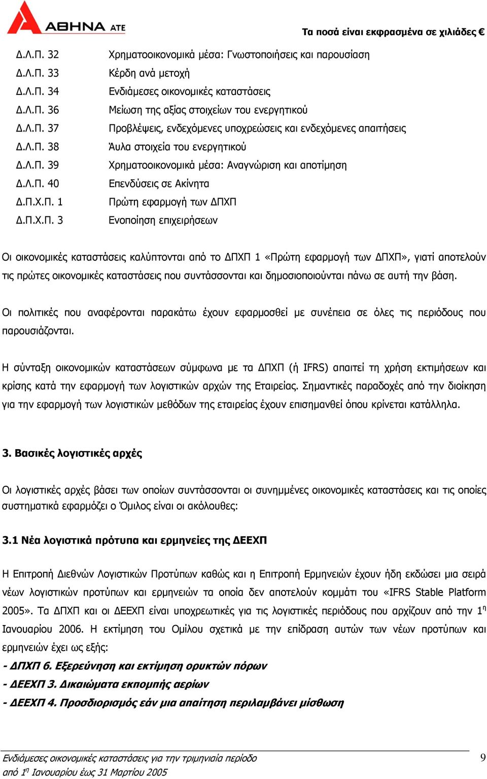 Χ.Π. 1 Δ.Π.Χ.Π. 3 Χρηματοοικονομικά μέσα: Γνωστοποιήσεις και παρουσίαση Κέρδη ανά μετοχή Ενδιάμεσες οικονομικές καταστάσεις Μείωση της αξίας στοιχείων του ενεργητικού Προβλέψεις, ενδεχόμενες
