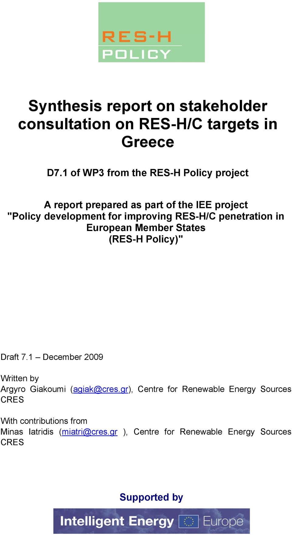 RES-H/C penetration in European Member States (RES-H Policy)" Draft 7.