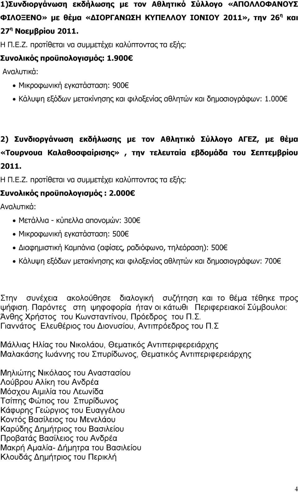 000 2) Συνδιοργάνωση εκδήλωσης με τον Αθλητικό Σύλλογο ΑΓΕΖ, με θέμα «Τουρνουα Καλαθοσφαίρισης», την τελευταία εβδομάδα του Σεπτεμβρίου 2011. Η Π.Ε.Ζ. προτίθεται να συμμετέχει καλύπτοντας τα εξής: Συνολικός προϋπολογισμός : 2.