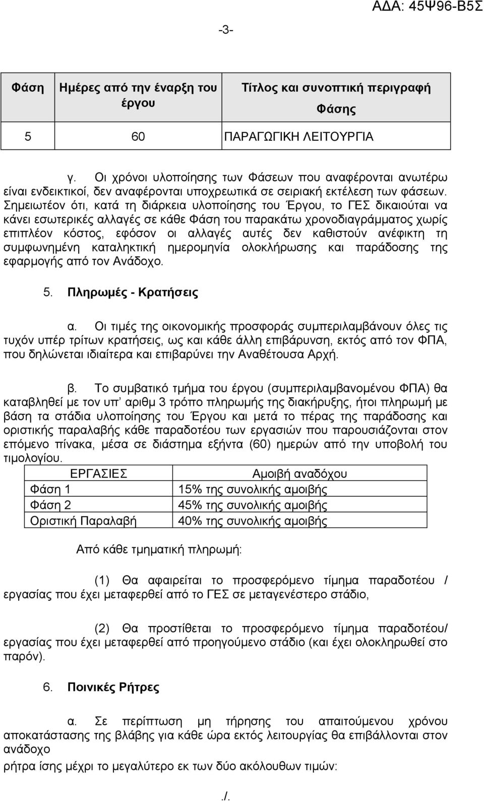 Σημειωτέον ότι, κατά τη διάρκεια υλοποίησης του Έργου, το ΓΕΣ δικαιούται να κάνει εσωτερικές αλλαγές σε κάθε Φάση του παρακάτω χρονοδιαγράμματος χωρίς επιπλέον κόστος, εφόσον οι αλλαγές αυτές δεν