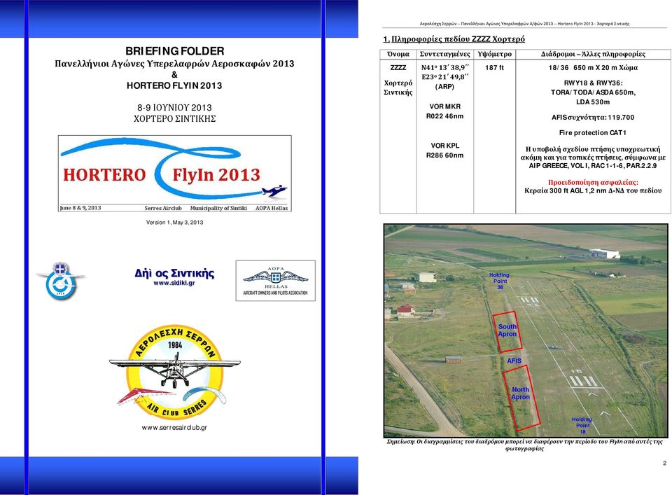 X 20 m Χώμα RWY18 & RWY36: TORA/TODA/ASDA 650m, LDA 530m AFIS συχνότητα: 119.