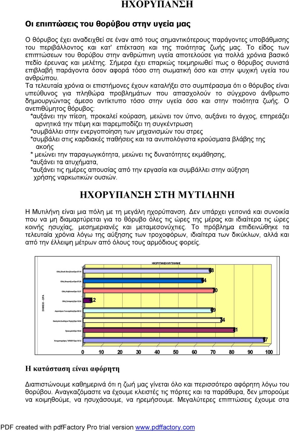 Σήμερα έχει επαρκώς τεκμηριωθεί πως ο θόρυβος συνιστά επιβλαβή παράγοντα όσον αφορά τόσο στη σωματική όσο και στην ψυχική υγεία του ανθρώπου.