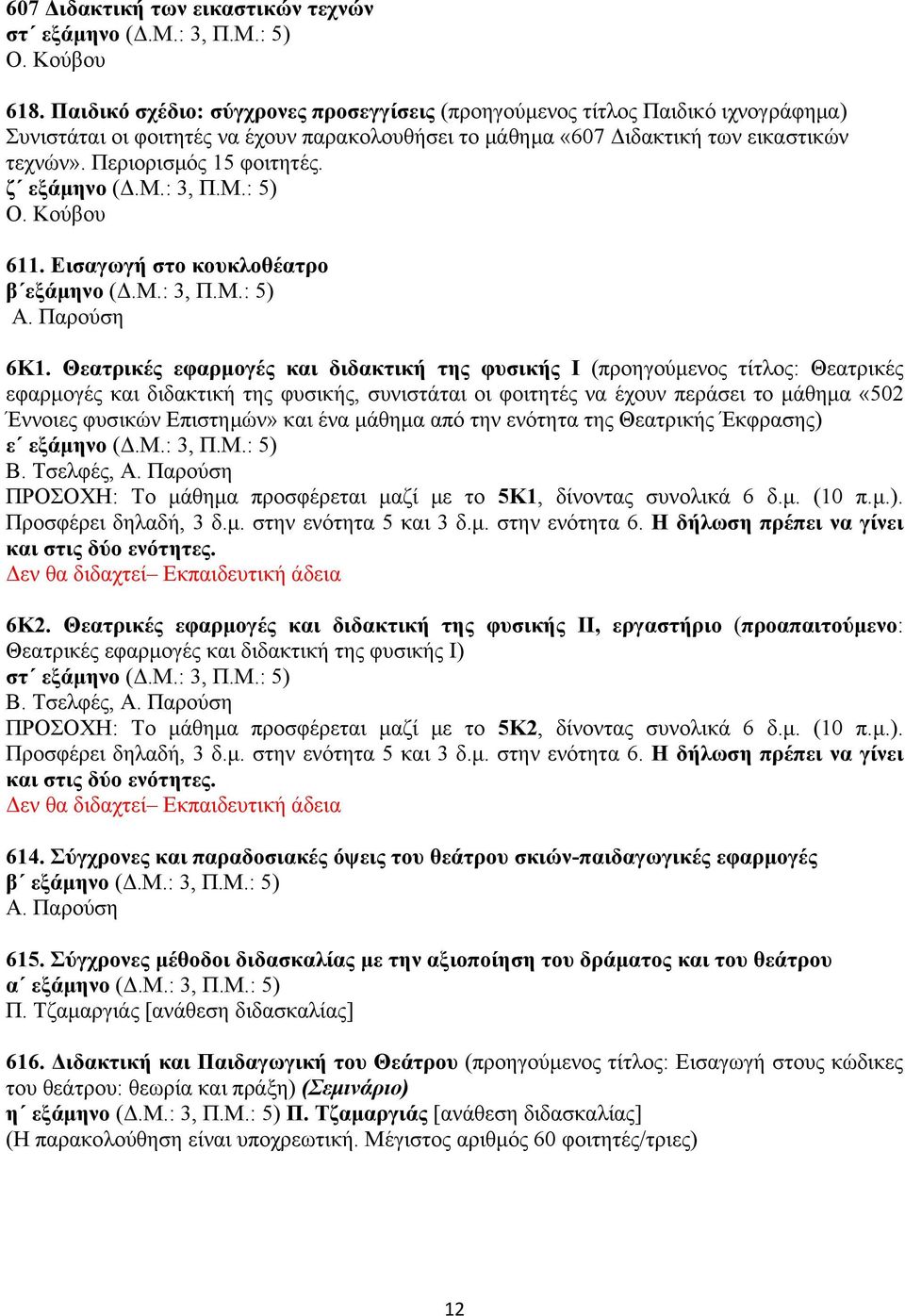 Περιορισμός 15 φοιτητές. ζ εξάμηνο (Δ.Μ.: 3, Π.Μ.: 5) Ο. Κούβου 611. Εισαγωγή στο κουκλοθέατρο β εξάμηνο (Δ.Μ.: 3, Π.Μ.: 5) Α. Παρούση 6Κ1.